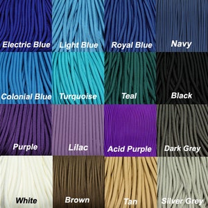 May include: A color chart of paracord in various colors, including electric blue, light blue, royal blue, navy, colonial blue, turquoise, teal, black, purple, lilac, acid purple, dark grey, white, brown, tan, and silver grey.