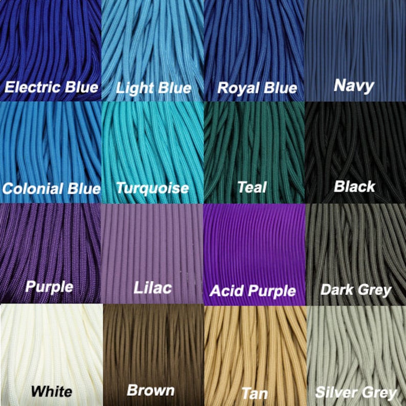 May include: A color chart of paracord in various colors, including electric blue, light blue, royal blue, navy, colonial blue, turquoise, teal, black, purple, lilac, acid purple, dark grey, white, brown, tan, and silver grey.
