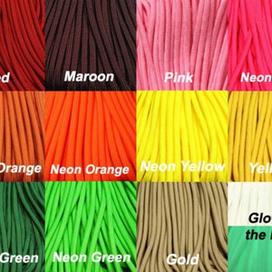 May include: A color chart of paracord in various colors, including red, maroon, pink, neon pink, burnt orange, neon orange, neon yellow, yellow, kelly green, neon green, gold, and glow in the dark.