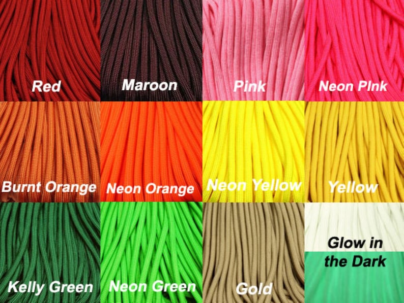 May include: A color chart of paracord in various colors, including red, maroon, pink, neon pink, burnt orange, neon orange, neon yellow, yellow, kelly green, neon green, gold, and glow in the dark.
