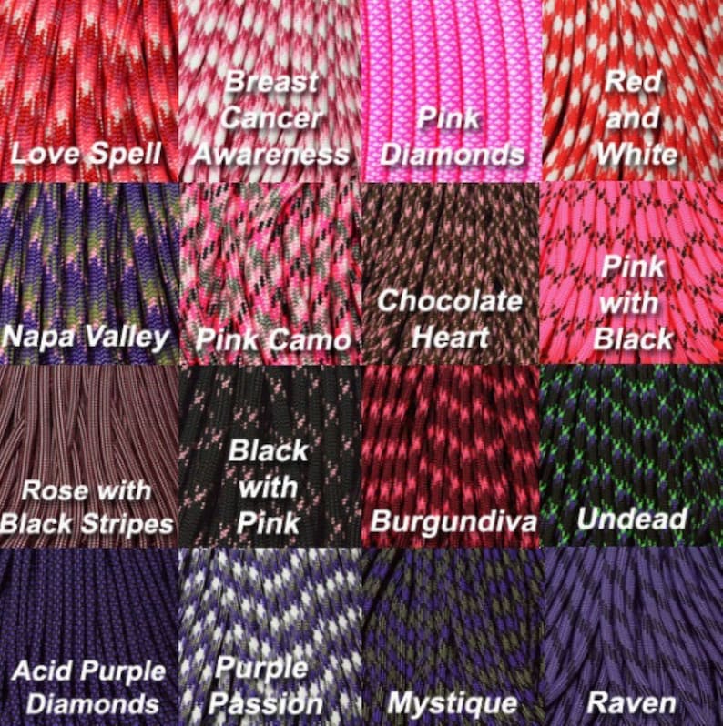 May include: A collage of 12 different paracord colors with names like "Love Spell", "Breast Cancer Awareness", "Pink Diamonds", "Napa Valley", "Pink Camo", "Chocolate Heart", "Pink with Black", "Rose with Black Stripes", "Black with Pink", "Burgundiva", "Undead", "Acid Purple Diamonds", "Purple Passion", "Mystique", and "Raven".