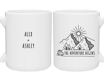 Custom Wedding Mugs, Personalized Wedding Mugs, Custom Wedding Mug Gifts, Couples Wedding Engagement Gift, The Adventure Begins Mugs (125)