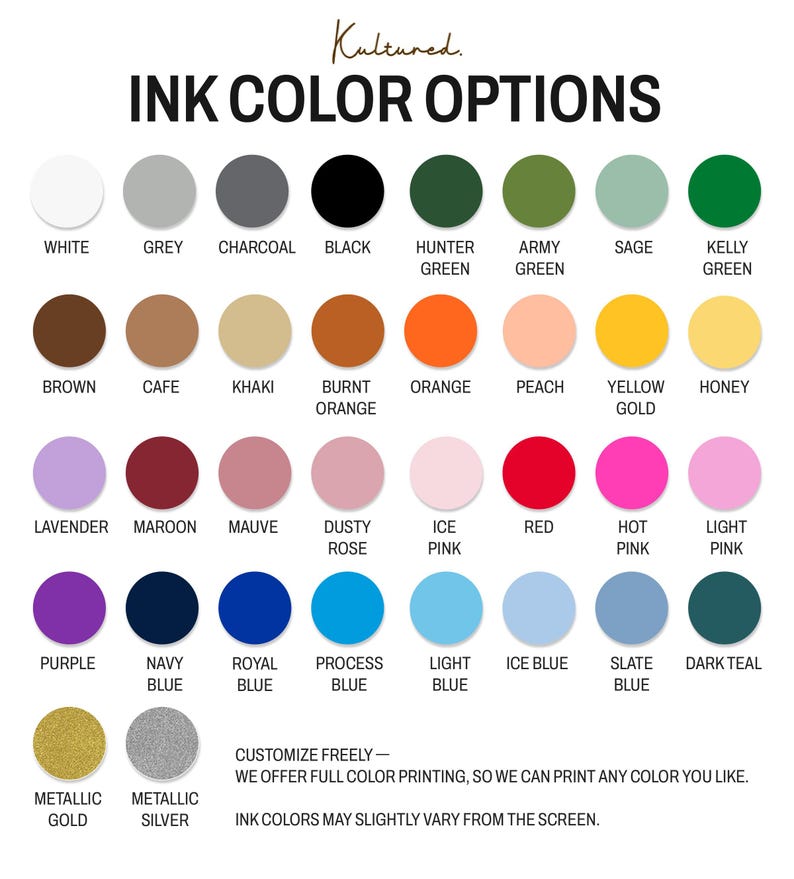 a variety of ink color options available for customizing, including metallic gold, silver, black, green, and other colors. The options are presented in a grid format, allowing for easy comparison and selection.