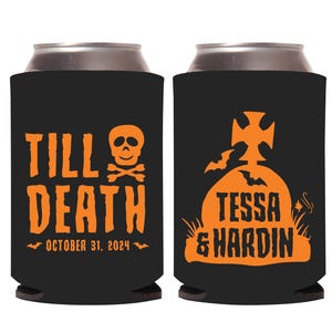 Custom Halloween Wedding Can Coolers, Beer Hugger Favor, Personalize Halloween Wedding Can Cooler Favor, Halloween Wedding Can Coolers (254)