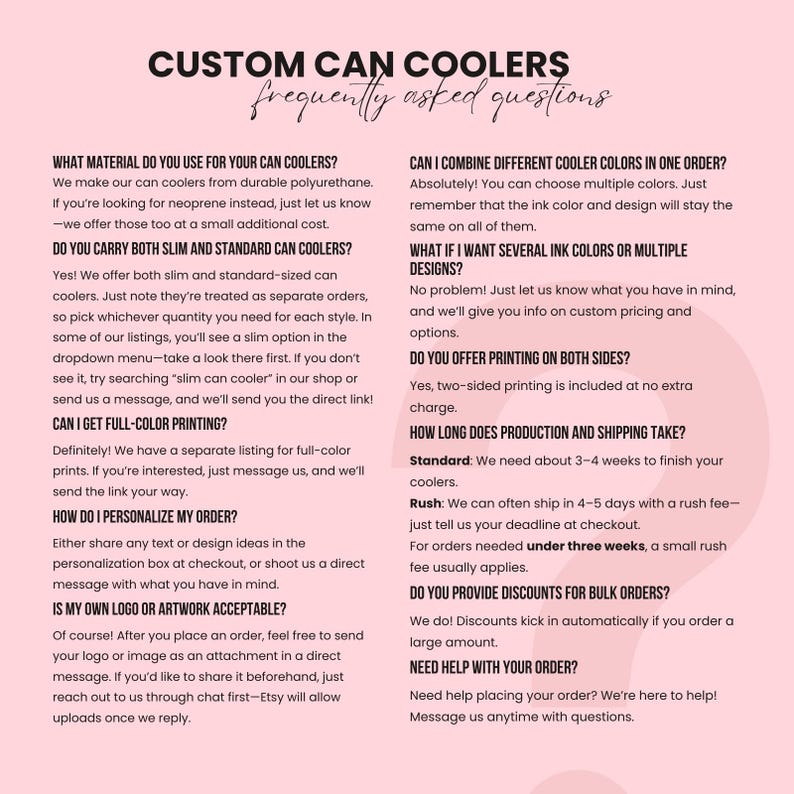 a pink brochure with the words custom coolers on it