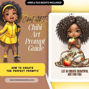 Puede incluir: Una guía digital con fondo amarillo y texto que dice "Chat GPT Chibi Art Prompt Guide" y "How to Create the Perfect Prompts". La guía presenta dos ilustraciones de chicas negras con cabello rizado. Una ilustración muestra a una chica con un vestido amarillo sosteniendo un micrófono, y la otra ilustración muestra a una chica con un vestido blanco sosteniendo una manzana. El texto "Let AI Create Beautiful Art For You" está en la parte inferior de la guía.