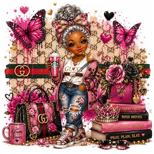 May include: A digital illustration of a character with gray hair wearing a white Gucci logo t-shirt, leopard print cardigan, and distressed jeans. Accessories include a pink handbag, sneakers, a crown, and books labeled Good Vibes, Boss Moves, Building My Empire, and Pray. Plan. Slay.