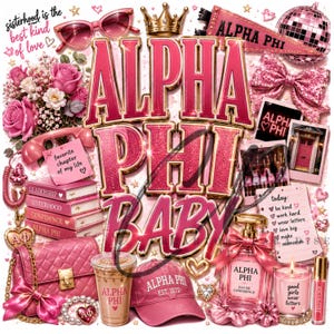 Könnte beinhalten: Eine Collage mit dem Text ALPHA PHI BABY, rosa Rosen, einer Krone, Sonnenbrille, Discokugel, gesteppter Handtasche, Baseballkappe, Parfümflasche, Kerze und einem Notizblock mit dem Text today: be kind, work hard, wear letters, love big, make memories.