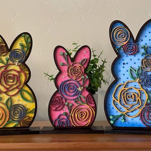 Hand painted Floral Bunnies. 3 Colors Blue, Yellow or Pink. 3 dimensional, background polka dot, foreground intricate laser cut flowers, bee
