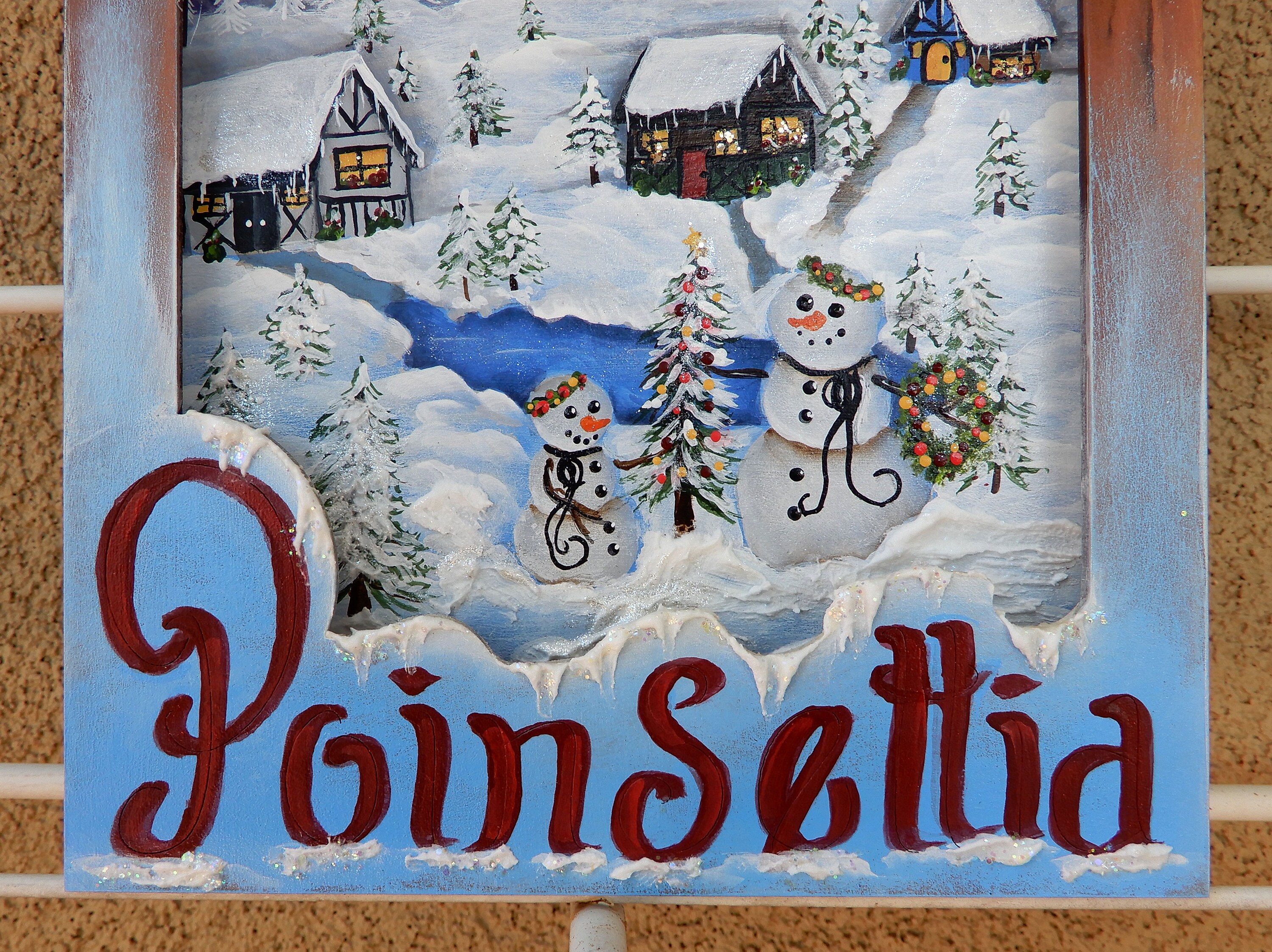 手描きのポインセチアのクリスマス壁飾り：冬の小屋の雪景色 - Etsy 日本