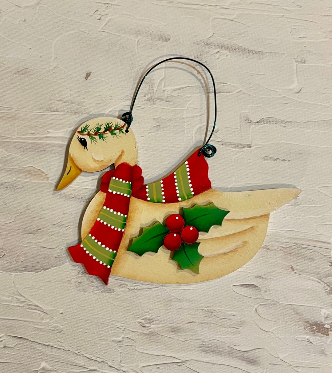 Hand Painted Christmas Goose Ornament. Design Painted Both Sides. Red