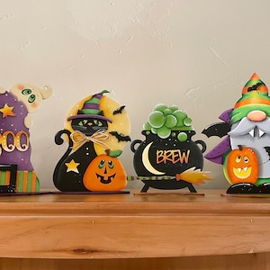 Hand painted Halloween standers. Dracula, Black Cat, Witch Cauldron, Witch Hat with ghost. Stand alone or tier tray display. Sold separately