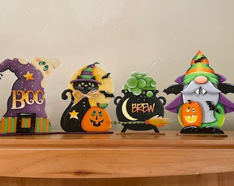 Hand Painted Halloween Standers: Dracula, Witch, Black Cat Decor. Tiered tray decor