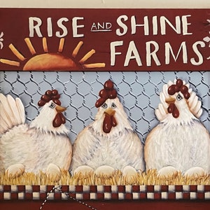 Hand Painted Chicken Décor. Rise and Shine Farms. 3 Chickens Setting on ...