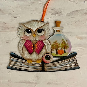 May include: A wooden Halloween ornament featuring a white owl with a pink vest, perched on an open book. A potion bottle with a fall scene and a creepy eyeball are also included. An orange ribbon is attached for hanging.