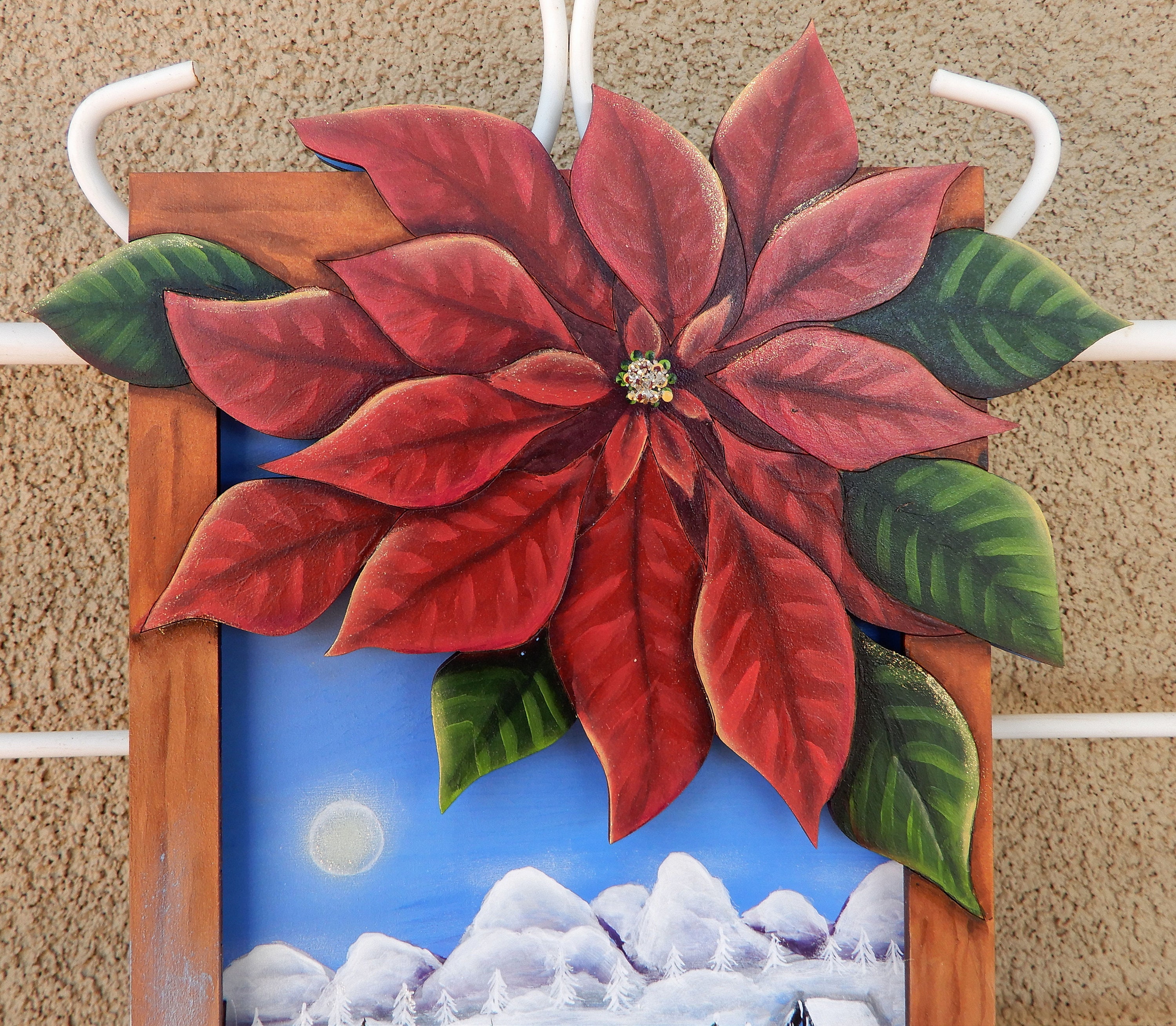 手描きのポインセチアのクリスマス壁飾り：冬の小屋の雪景色 - Etsy 日本