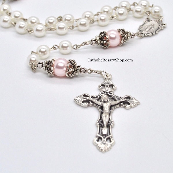 Pink & White Crystal Pearl Catholic Rosary for a Baby Girl's Baptism | Personalized Rosary for Women and Girls | Custom Crystal Pearl Rosary