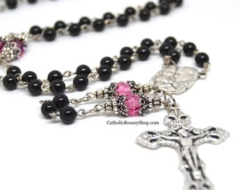 Austrian Crystal Rosary in Black and Pink | Personalized Rosary for Women and Girls | Rosary for Baptism or Quinceanera
