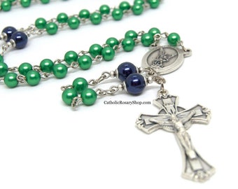 Boy's Green and Blue Austrian Crystal Pearl Rosary | Men's Personalized Rosary | Personalized Rosary for Baptism or First Communion
