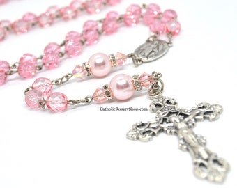 Personalized Pink Crystal and Pearl Catholic Rosary for a Girl's Baptism or First Communion | Custom Rosary for Women and Girls