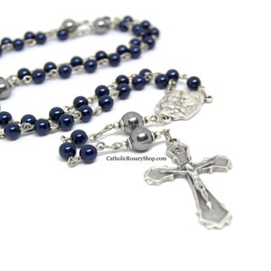 Boy's Navy Blue & Dark Gray Pearl Personalized Rosary for Baptism or First Communion