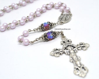 Dreamy Rose Genuine Crystal and Pearl Rosary | Personalized First Communion and Baptism Rosaries for Girls