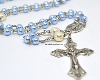 Baby Blue & Cream Genuine Crystal Pearl | Personalized Boy's Baptism or First Communion | Newborn Baby Boy Rosary Gift