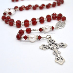 READY TO SHIP! Personalized Ruby Genuine Crystal and Pearl Catholic Rosary | July Birthstone Rosary Gifts | Custom Rosary Beads
