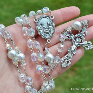 Genuine Austrian Crystal & Pearl Personalized Catholic Rosary for Weddings | Custom Crystal and Pearl Rosary for Women and Girls