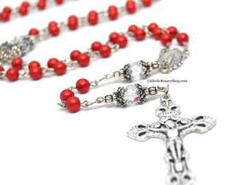 Ruby Red Pearl and Clear Genuine Crystal Rosary | Ruby Birthstone Rosary for Women and Girls | Personalized Rosary Gifts