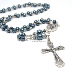 Steel Blue and Hematite Gray Rosary Beads for Men and Boys | Personalized Rosary for Boy's Baptism, First Communion and Confirmation