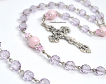 Baby Girl's Genuine Crystal Pastel Rosary in Pink & Purple | Personalized Rosary Baptism Gift for Girls and Women | Newborn Rosary