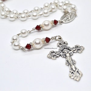 Personalized Ruby Pearl Birthstone Catholic Rosary Beads | Ruby Birthstone Gifts for Women and Girls