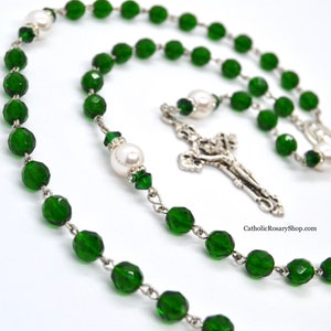 READY TO SHIP! Emerald and White Genuine Crystal and Pearl Rosary | Emerald Birthstone Rosary Gifts | May Birthstone Gifts for Baptism