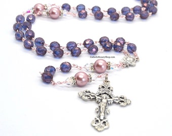 Pink & Purple Crystal on Rose Gold Colored Wire | Personalized Catholic Rosary for Women | Quinceanera Rosary Gifts