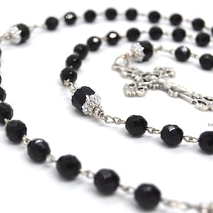 Black Crystal & Silver Decorative Catholic Rosary | Black Glass Rosary | Personalized Rosary for Catholic Weddings | Personalized Rosary