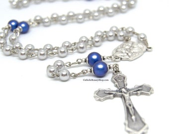Boy's Gray & Blue Pearl Rosary for First Communion or Confirmation | Personalized Rosary Gifts for Boys | Custom Rosary Gifts