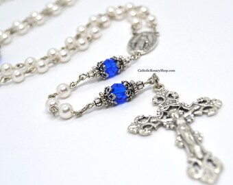 Majestic Blue Crystal and White Pearl Rosary | Personalized Rosary Gifts for Women and Girls | Something Blue Rosary