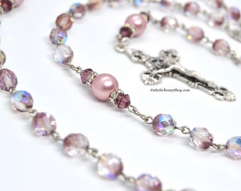 Amethyst & Dusty Rose Genuine Crystal Catholic Rosary | Rosary for Women and Girls | Personalized Rosary for Baptism and First Communion