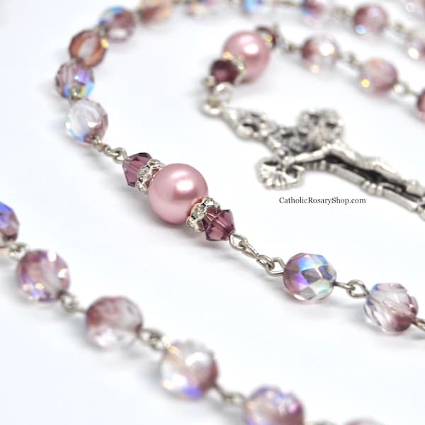 Amethyst & Dusty Rose Crystal Catholic Rosary | Rosary for Women | Personalized Rosary for Baptism and First Communion