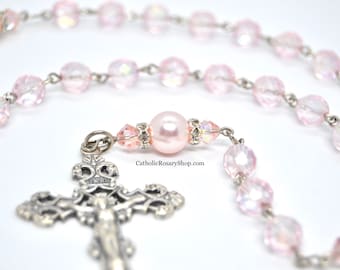 Baby Girl's Soft Pink Rose Genuine Crystal Rosary Beads | Personalized Rosary for Girl's Baptism or Quinceanera | Newborn Baby Girl Gifts