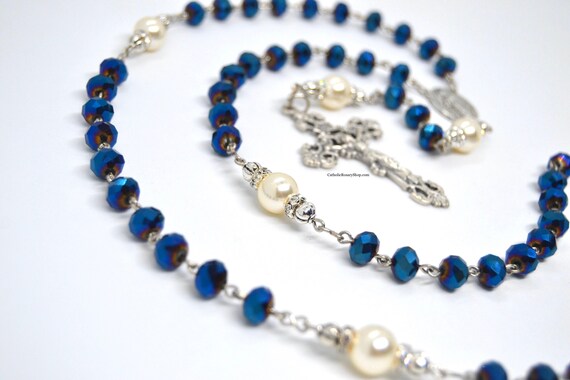 Dark Blue Crystal & Swarovski Crystal Pearl Catholic Rosary | Etsy