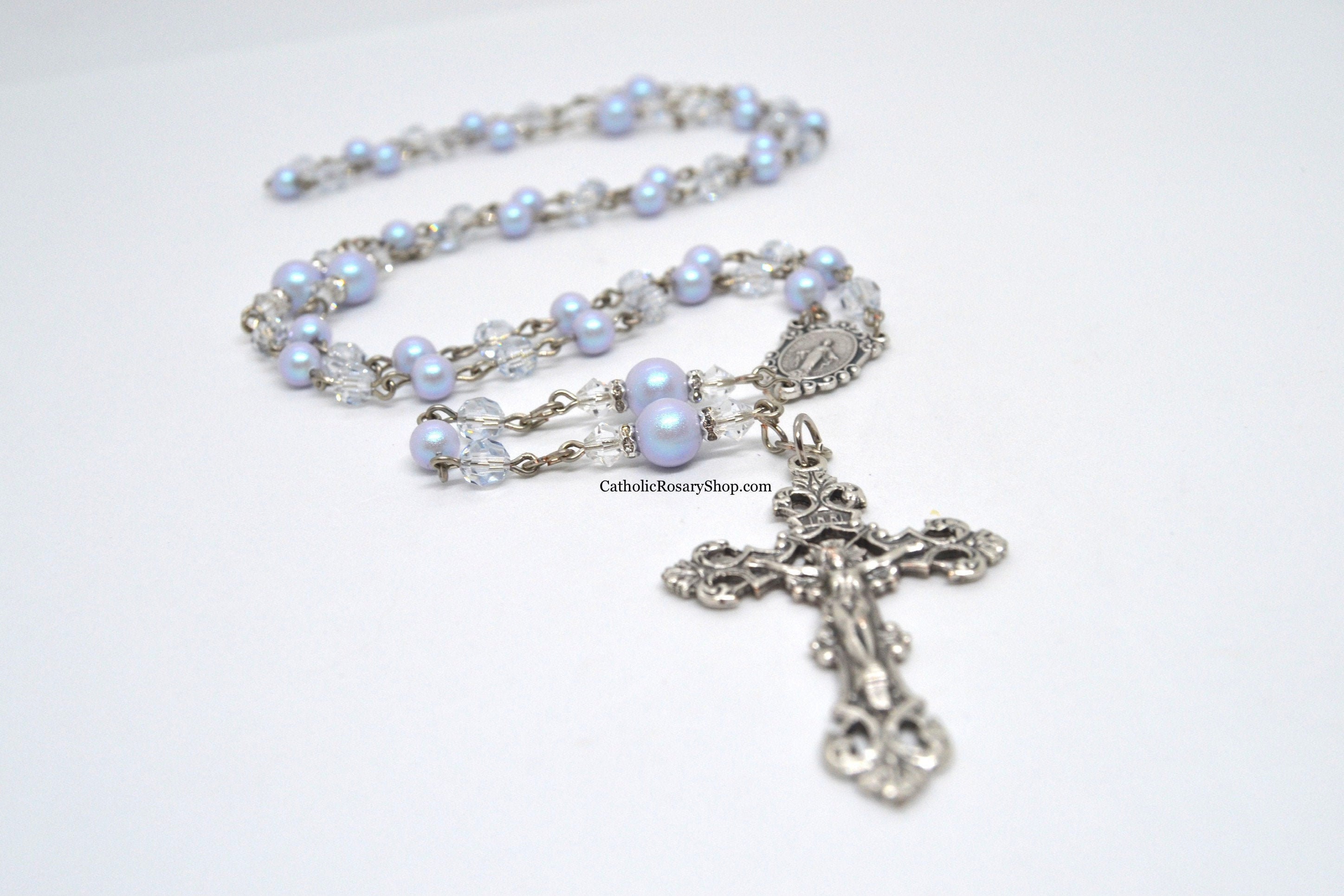 Dusty Blue Pearl and Crystal Personalized Wedding Rosary