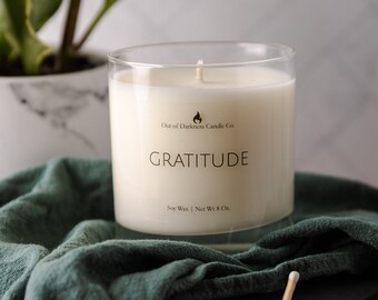 Gratitude-themed soy candle in a heavy rock glass, Gift for Teacher Appreciation, Hand Poured Soy Candle, Co-worker gift idea