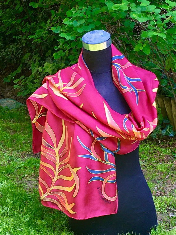 Elegant red XL silk scarf hand painted oblong unique design | Etsy