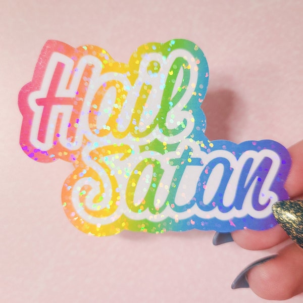 Holographic 90s Nostalgia Inspired Hail Satan Vinyl Sticker, Die Cut Water bottle Sticker, Satanic Stickers for Adults, Removable Decal