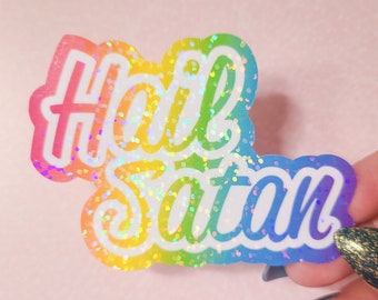 Holographic 90s Nostalgia Inspired Hail Satan Vinyl Sticker, Die Cut Water bottle Sticker, Satanic Stickers for Adults, Removable Decal