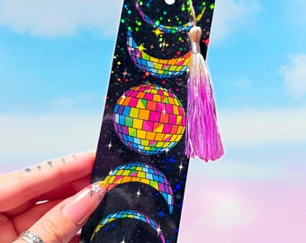 Rainbow Disco Ball Moon Holographic Bookmark, Double Sided Celestial Bookmark with Tassel Option, Cute Book Lover Gift, Handmade Not AI