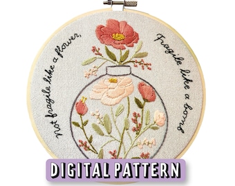 PDF Embroidery Pattern, Not Fragile Like A Flower, Fragile Like a Bomb Quote Needlepoint Downloadable Pattern - Easy Step by Step Embroidery