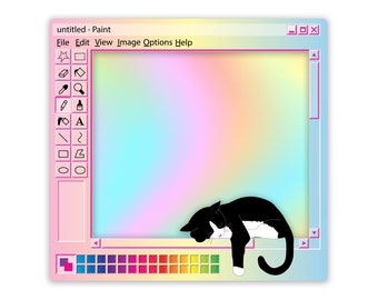 Autocollant holographique rétro MS Paint avec chat noir et blanc endormi, autocollant imperméable holographique arc-en-ciel, autocollant millénaire des années 90, cadeau de maman de chat